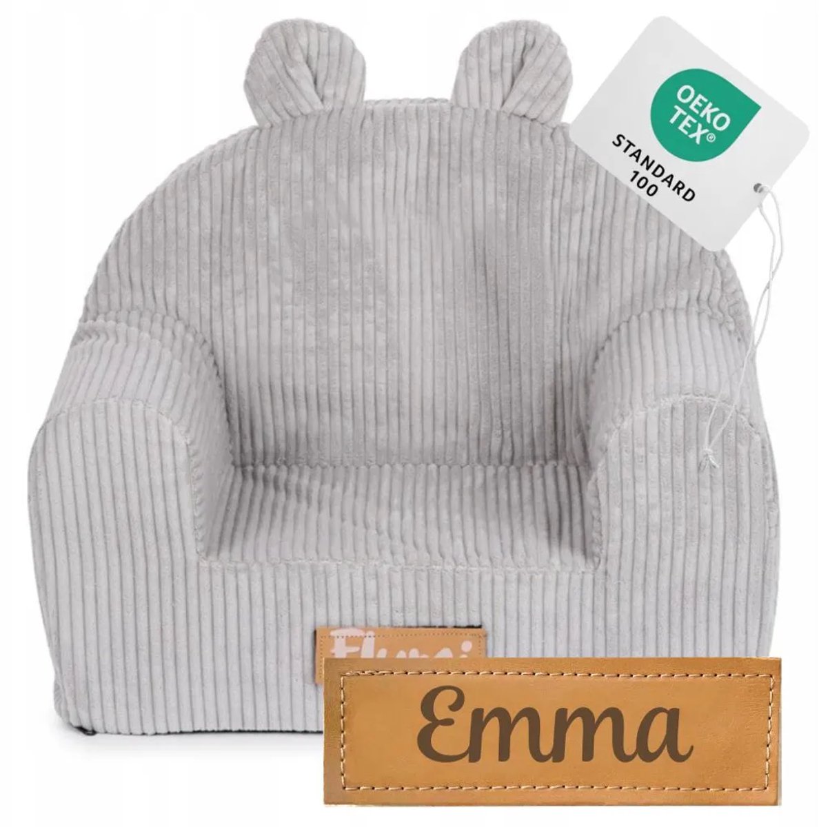 Flumi - Kinderfauteuil - Corduroy kinderstoel grijs- Met oortjes - Gepersonaliseerd met naamgravure