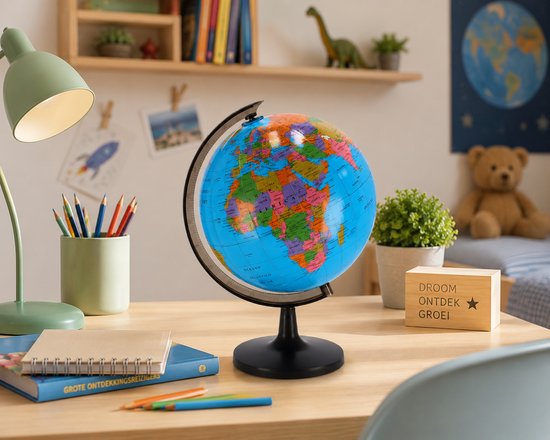 Wereldbol 18 cm doorsnede - 30 cm Hoog – Decoratieve Globe in Kleur – met Zwarte Voet
