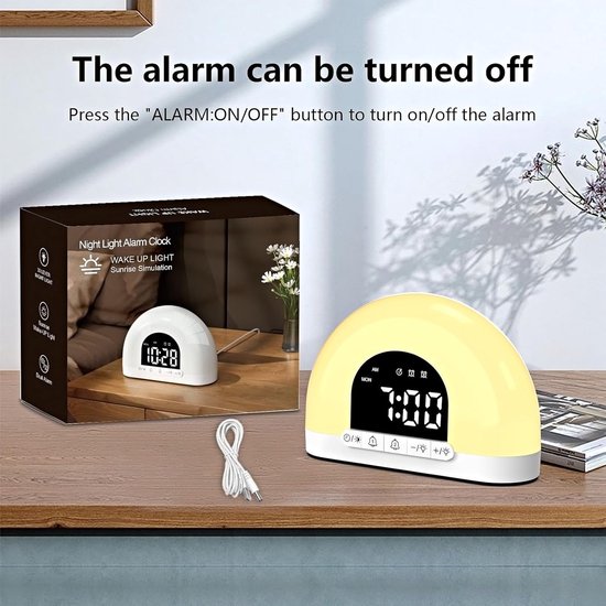 Slimme Wekker - Nachtlamp Klok - Rustig Ontwaken - Zonlicht Simulatie - 15cm Breed - Wit — afbeelding 4