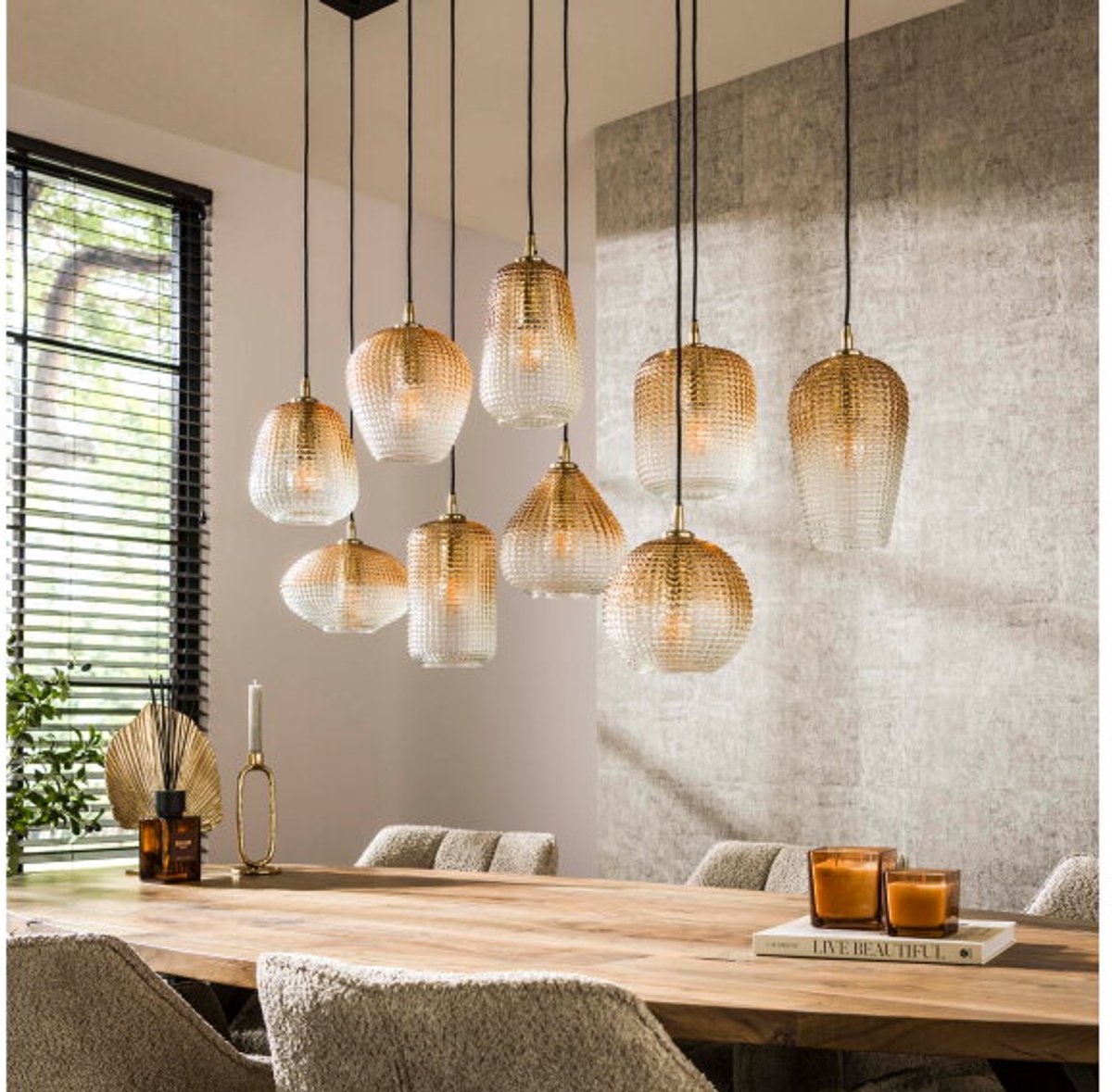 Hanglamp 5+4 dot pattern - Amber color glas