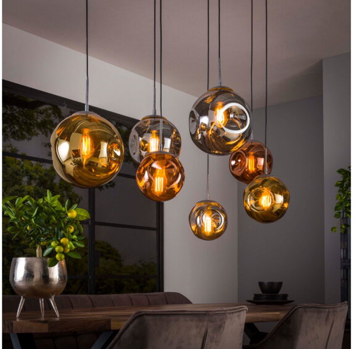 Hanglamp van 7 Lampen - Stellar - Goud - Koper en Chroom - Metaal - Glas - Woonkamer - Keuken - Hanglamp In Hoogte Verstelbaar tot 150 cm - Exclusief Lichtbron - Voedingstype Netstroom