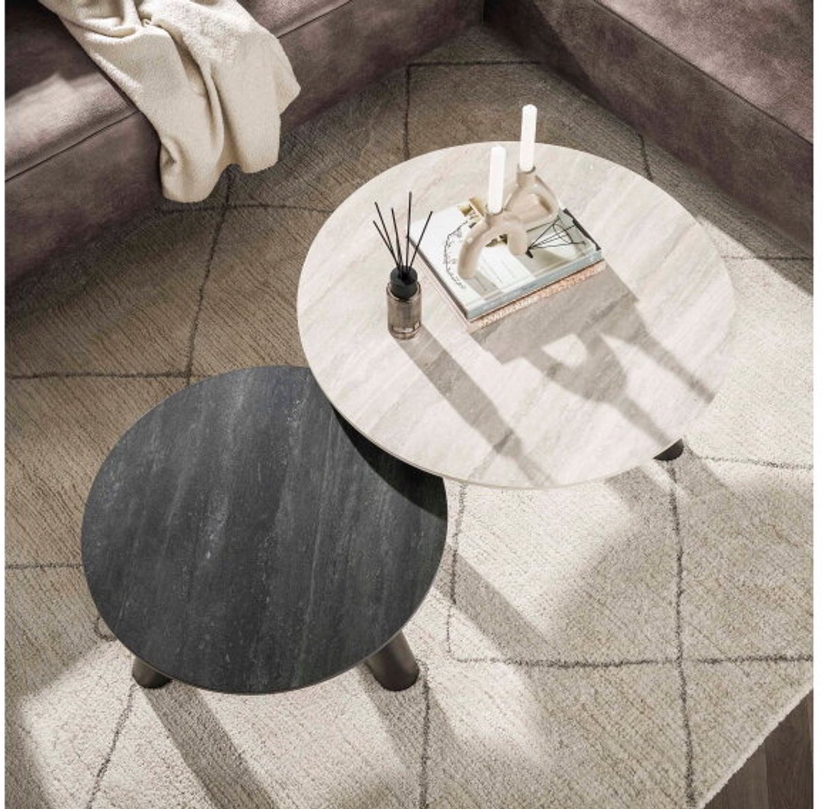 Salontafel set/2 rond Twin - 3D ceramic mix travertine