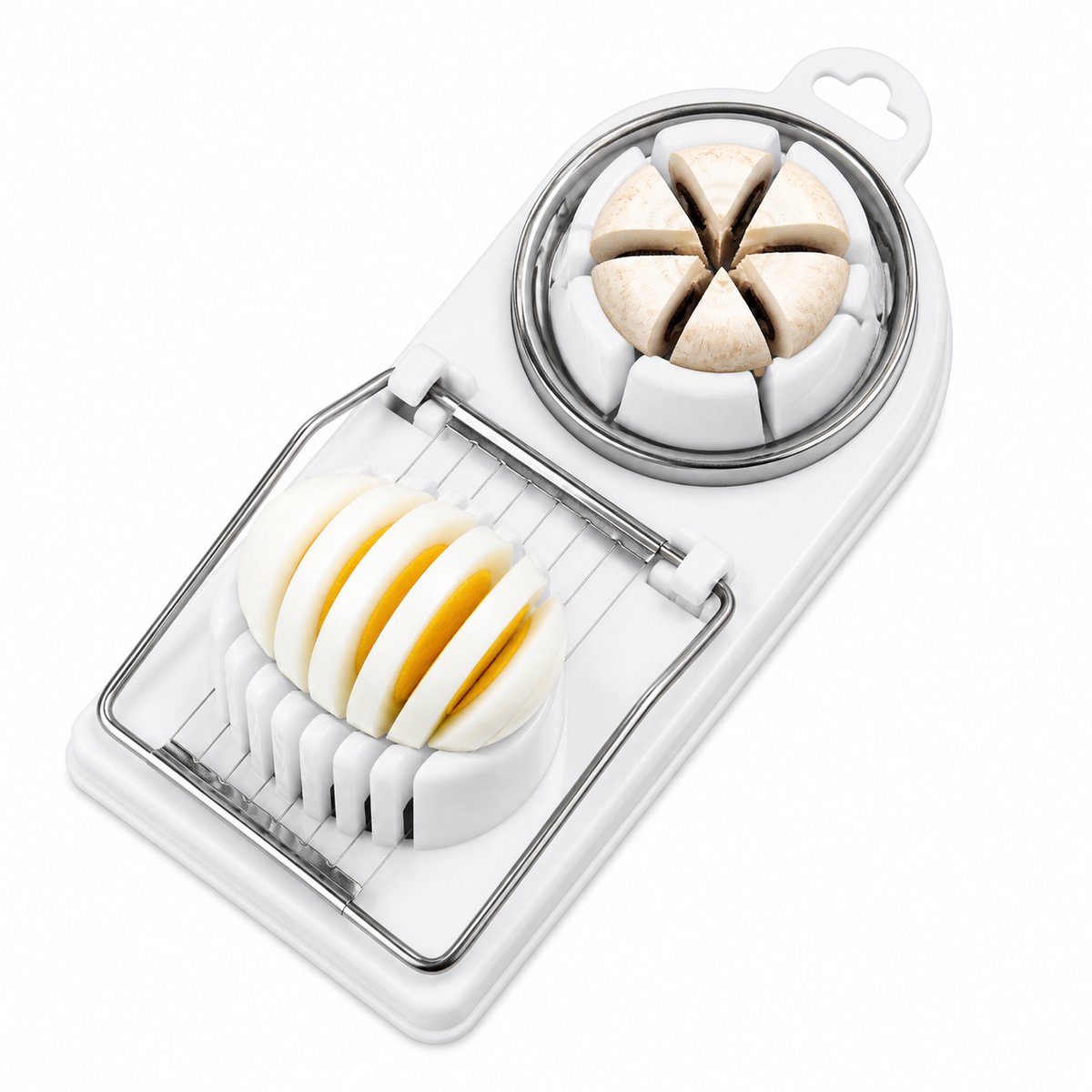 2-in-1 Eiersnijder & Champignonsnijder Wit – Snijdt Gekookte Eieren, Champignons, Aardappelen, Klein Fruit – Kunststof & RVS – Vaatwasserbestendig