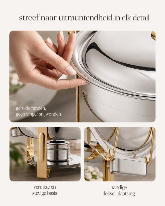 Sello! chafing dish set – set van 4 – warmhoudschalen – buffet– koud en warm– 4,7L per pan – luxe gouden afwerking – rvs — afbeelding 2