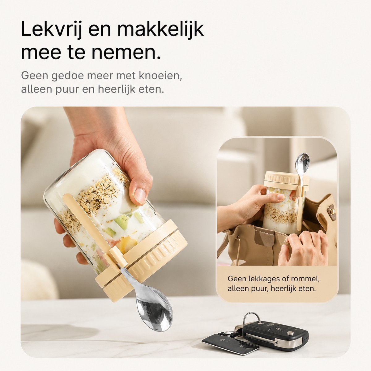 BOTC Overnight Oats Potjes - Voorraadpotten - Set van 4 met Lepels - 4x475ml Mason Jar - Glazen Potjes met deksels - Mason Jar - Lekvrij ontwerp — cadeau in Kookcadeaus - foto 6