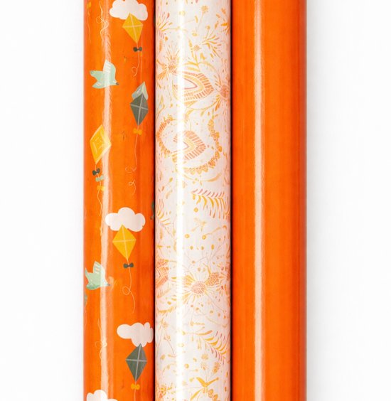 Cadeaupapier – Orange Sky – (3 STUKS) – 200×70 cm – Vliegers, Boho Print & Effen Oranje – Inpakpapier – Vrolijk & Stijlvol