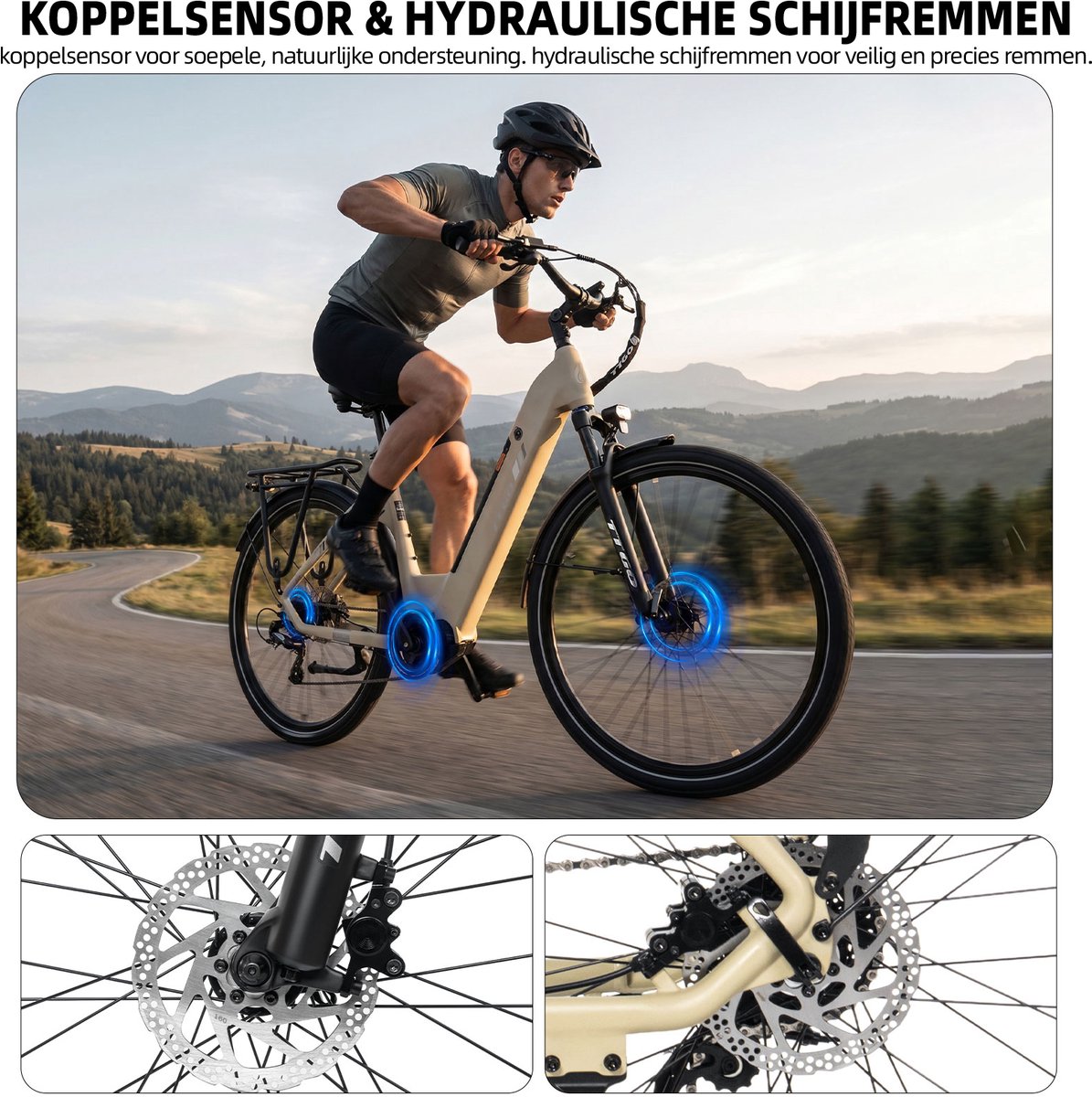 Elektrische Stadsfiets TTGO C7 SE - 28 INCH Banden - 250W Bafang Middenmotor - 36V18Ah Accu - Bereik tot 140km - Shimano 9 Versnellingen - Beige thumbnail 4