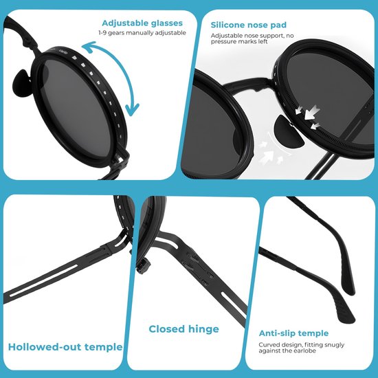 Namajunas - Zonnebril - Heren - Dames - Verstelbare getinte ronde gepolariseerde glazen - 1-9 instelbare ND-filter - UV400 - Verblindingsbescherming - Metalen montuur Retro Unisex - Met Case - Zonnebrillen voor outdoorsport, vissen, autorijden van namajunas — afbeelding 5