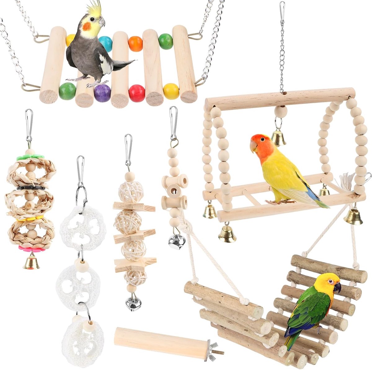Vogel Speelgoed - 8 stuks - Vogelspeelgoed - Vogelschommel - Zitstokken - Vogels - Parkiet - Papegaai - Speelgoed valkparkiet - Assecoires - papegaai speelgoed - Vogelkooi - Voor valkparkieten, vinken, kleine - Houtkleur