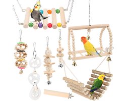 Vogel Speelgoed - 8 stuks - Vogelspeelgoed - Vogelschommel - Zitstokken - Vogels - Parkiet - Papegaai - Speelgoed valkparkiet - Assecoires - papegaai speelgoed - Vogelkooi - Voor valkparkieten, vinken, kleine - Houtkleur