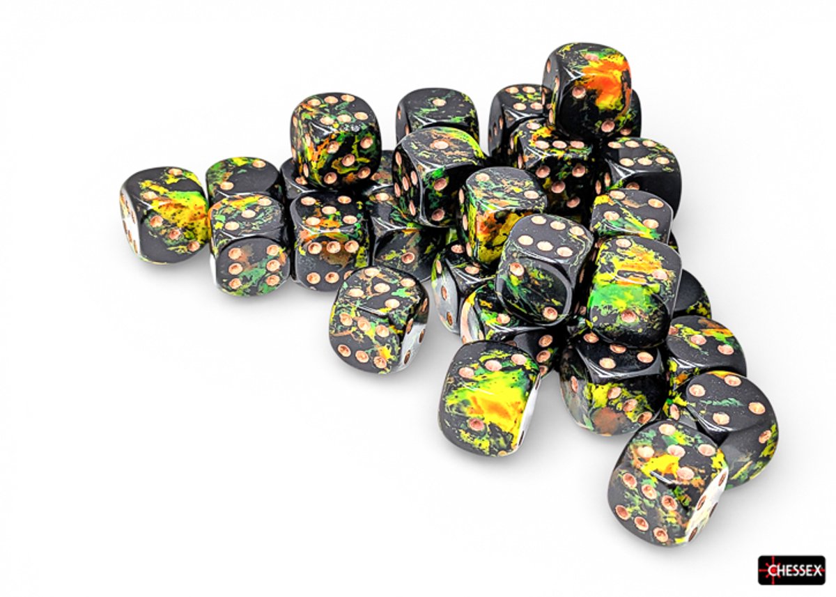 Chessex 36 x D6 Set Brush 12mm - Deep Forest/Gold