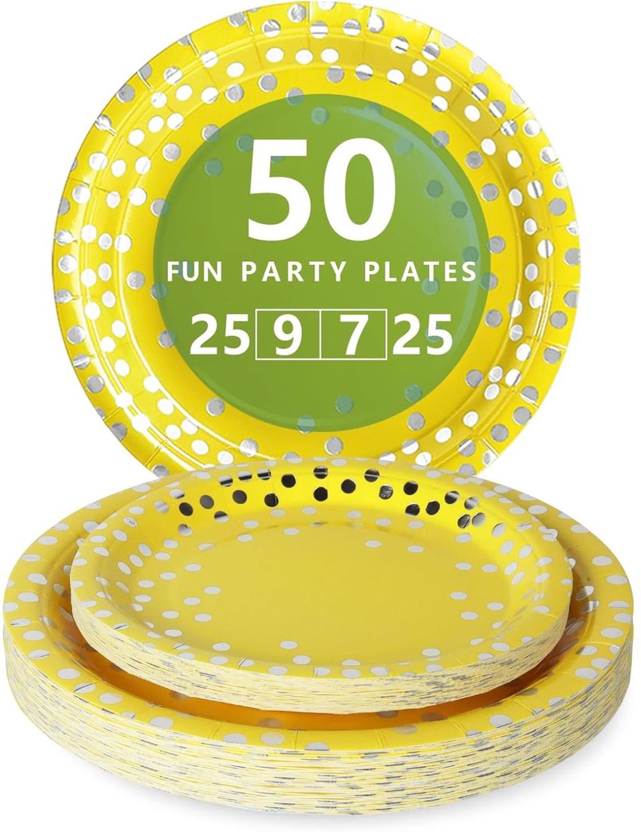 Papieren Borden - Papieren Bord - Gebaksbordjes - Bordjes - Wegwerp borden - Feest/verjaardag/BBQ borden - Dessertbordjes - Papieren Bordjes - Taartborden - Feestborden - Geel en zilver - 23cm, 18cm - 50 Stuks - van Imperatoris