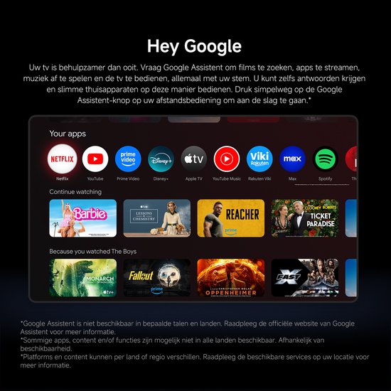 Tv-scherm met Google TV-interface, met apps zoals Netflix, YouTube en Prime Video.