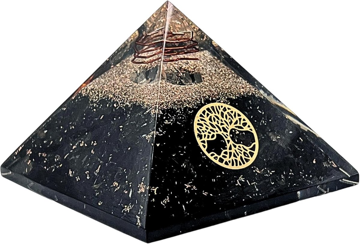 Orgoniet Piramide - Levensboom Kristal - Spirituele Bescherming - Met Koperen Spoel - 7x7 cm - Zwart