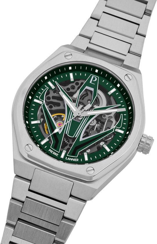 Zilverkleurig herenhorloge met groene, skelet wijzerplaat met 'P' logo. Zilverkleurige band.