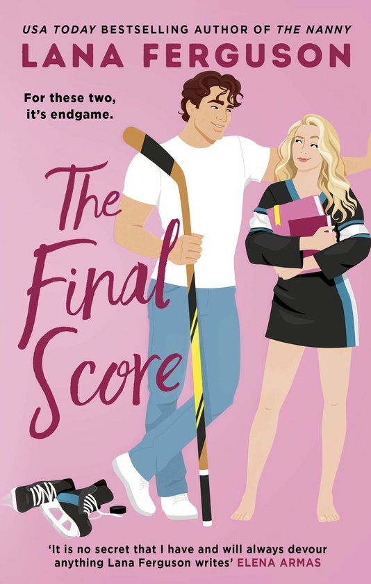 Een man met een ijshockeypuk en stick en een vrouw met boeken, op een roze achtergrond. De titel 'The Final Score' is prominent aanwezig.