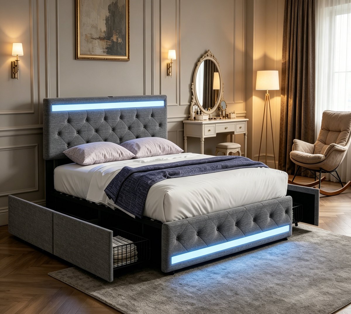 ROSAHQNDA Modern gestoffeerd bed met ledverlichting en USB-laadstation, 4 lades, tweepersoonsbed 140x190 cm, opbergbed, linnen, grijs, zonder matras
