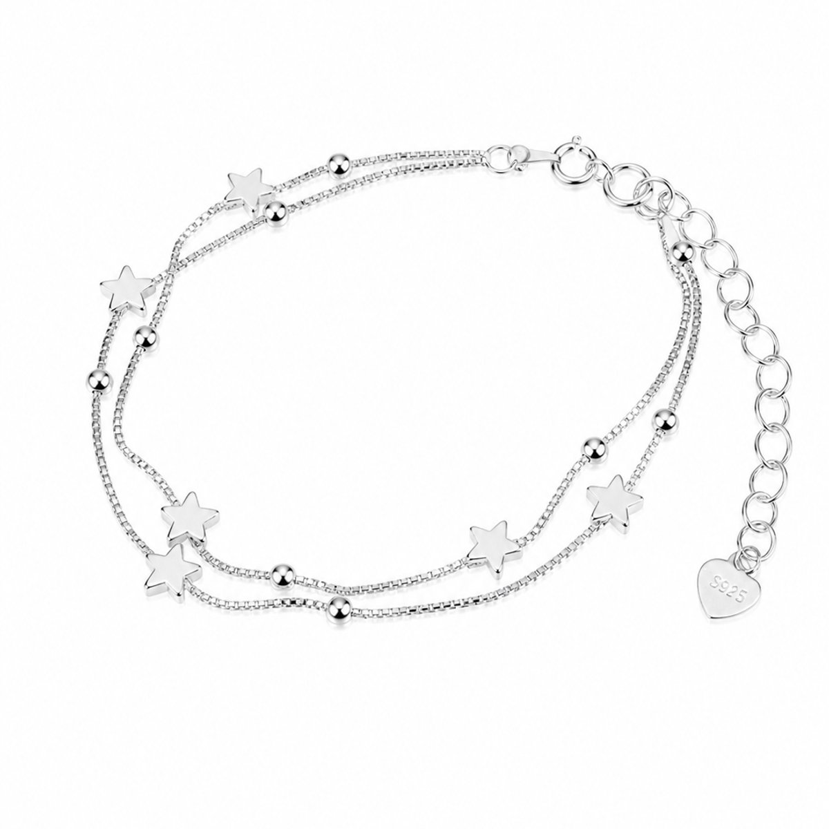 Engravia by Derya – Zilveren Sterren Armband Dames – 925 Sterling Plating – 2 Laags Armbandje met Sterretjes & Bolletjes – Elegant Minimalistisch Sieraad – Cadeau voor Vriendin, Zus of Moeder