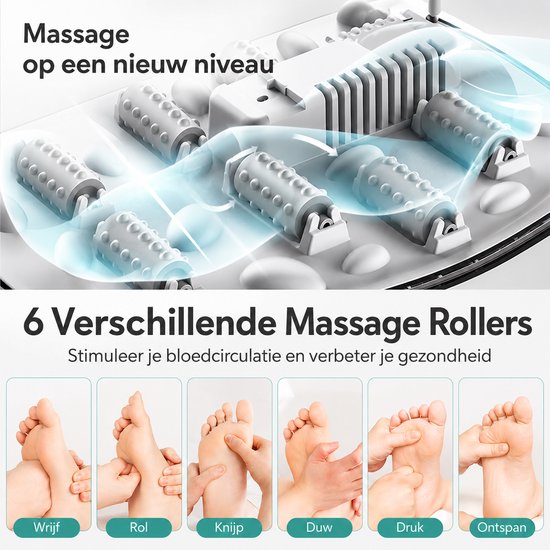 Voetenbad met 6 massage rollers, met de tekst "6 Verschillende Massage Rollers".