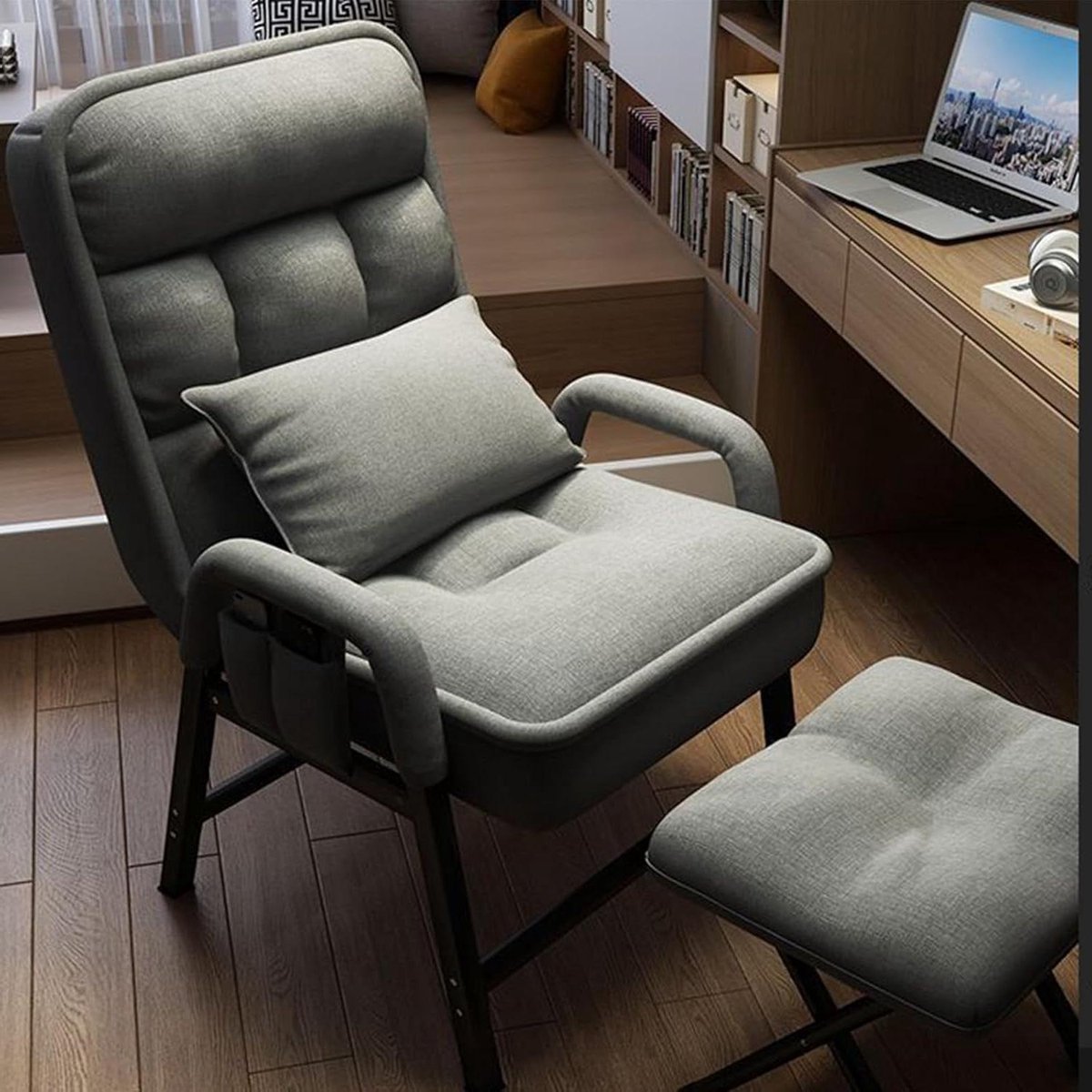 Accent Fauteuil - Leesstoel met voetenbank - Ontspannen Zitten - Verstelbare rugleuning - 50x56x120cm - Grijs
