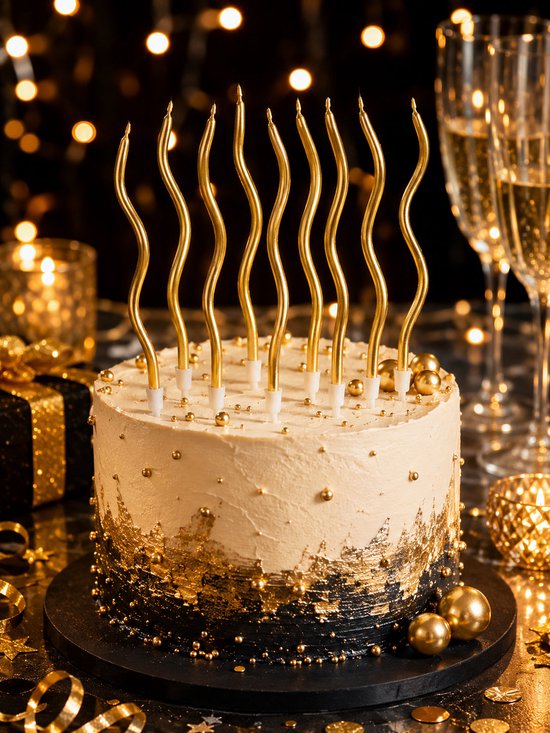 Een witte taart met gouden decoratie en 8 gouden, gebogen kaarsen. Donkere achtergrond met lichtjes.