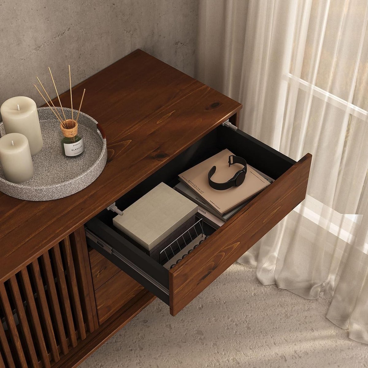Arboré Luxe Massief Houten Dressoir 175 cm Kastanjebruin met 2 Schuifdeuren en 3 Lades – Modern Landelijk Sideboard met Verstelbare Plank en Grote Opbergruimte voor Woonkamer en Eetkamer