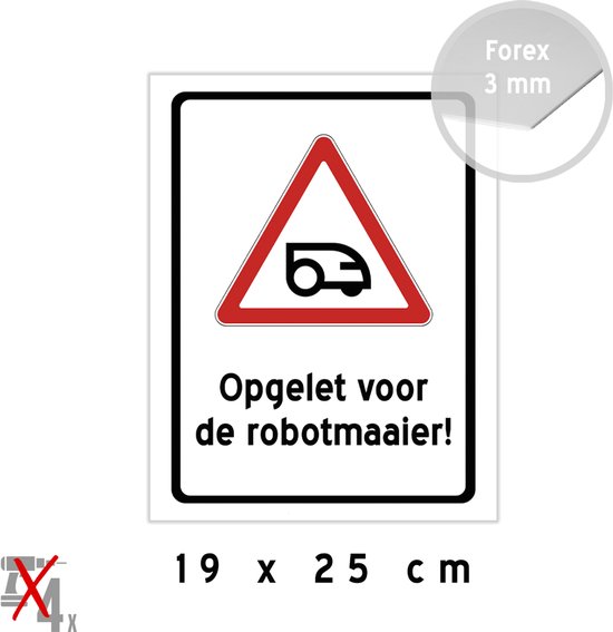 Robotmaaier waarschuwingsbord kunststof 19×25 cm waterbestendig recyclebaar tuin gras veilig