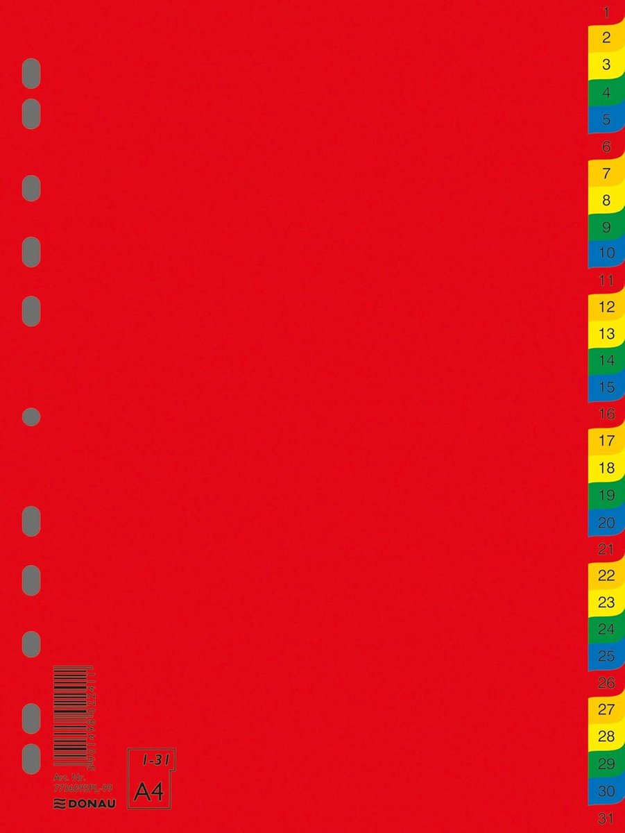 Kleurenindex A4 1-31 Sets - 31 Pagina Verdelers Geperforeerd PP