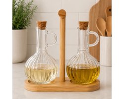 Homestar - Olijfolie fles - Glazen olie/azijn fles set met houten standaard- Fles voor Olijfolie - Olijfolie schenkkan - Zonnebloemolie - Azijn - Olijf olie