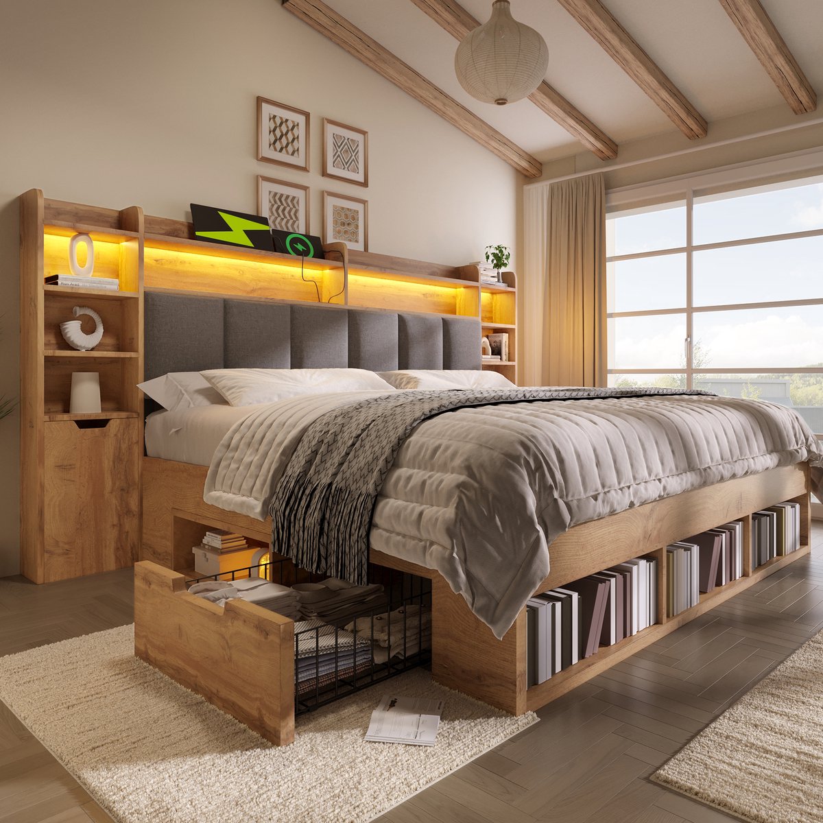 Merax 180x200 cm gestoffeerd bed met LED-verlichting - nachtkastje met USB- en Type-C-poort - lade op wieltjes - zonder matras - eik
