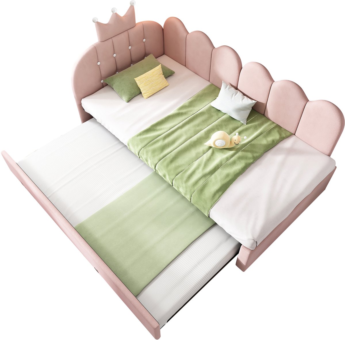 Merax 90x200 cm slaapbank - met uitschuifbaar bed 90x190 cm - L-vormig - kroonruitpatroon ontwerp - kinderbed - zonder matras - roze