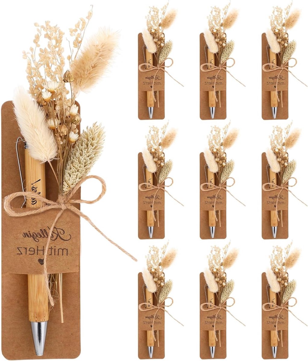 Set van 10 gepersonaliseerde houten balpennen met gravure en gedroogde bloemen, uniek afscheidscadeau voor leraar, collega's of vrienden, perfect voor bruiloften en speciale gelegenheden