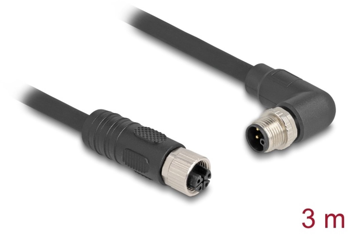Image of Delock M12 Cable L-coded 4 pin male right angled to female straight PUR suitable for drag chains 3 m black