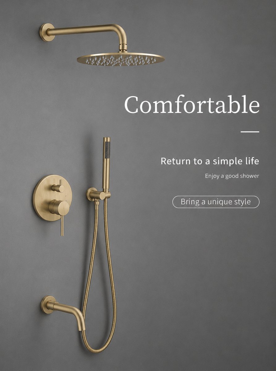 SUMOH® Regendouche Inbouwset Goud – Complete Messing Doucheset met Baduitloop, Handdouche & Regendouche – Luxe Inbouw Douchekraan Badkamer – 3 Weg Douchesysteem