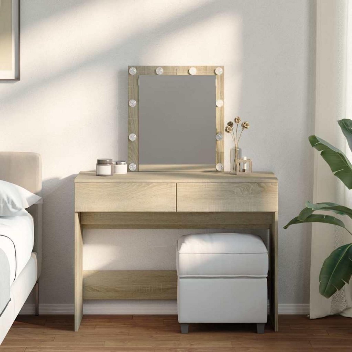 Vergroot Make-up Tafel met LED Verlichting en 2 Laden Sonoma Eiken