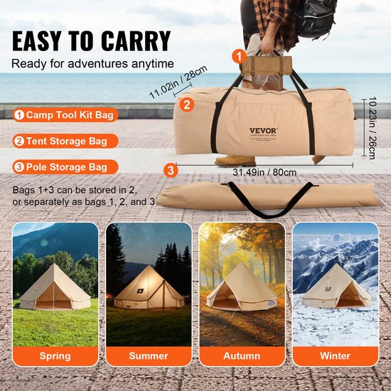 Jessi Store - Tent - Bell Tent - Glamping Tent - Canvas Tent - Ademende stof - Met Kachelopening - Diameter 3m - Hoogte 200 cm van Jessi Store — afbeelding 5