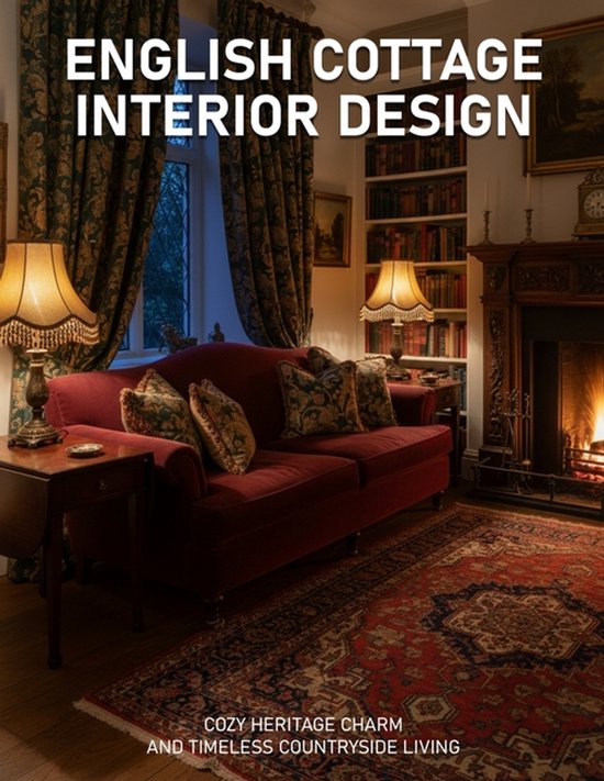 Een rood fluwelen bank met kussens voor een open haard en een boekenkast. Tekst: ENGLISH COTTAGE INTERIOR DESIGN.