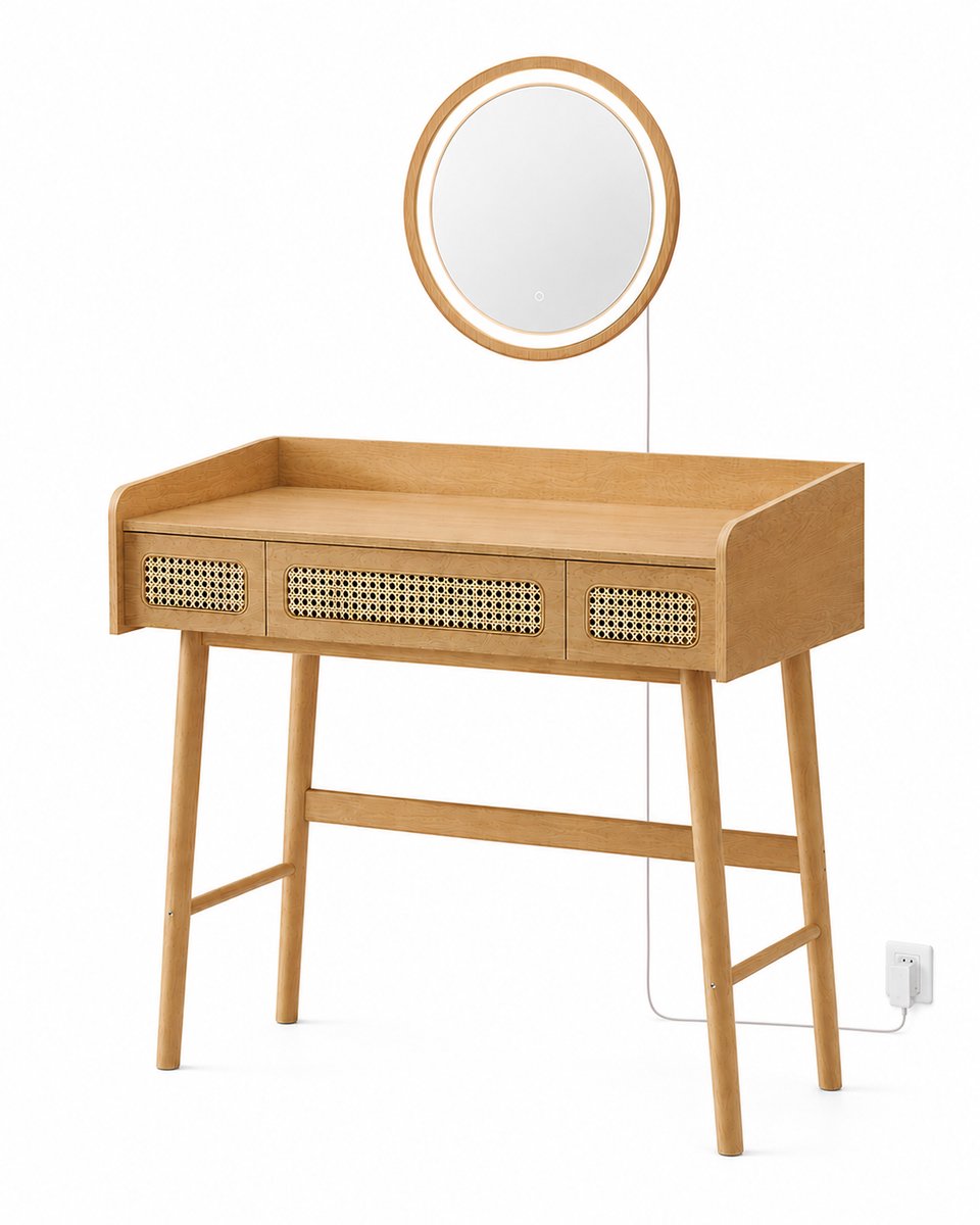 SmartLiving.Store - Kaptafel - Make-up tafel met spiegel en verlichting - 3 lades - BOHO stijl - Rotanlook - 43x90x82 cm (DxBxH)