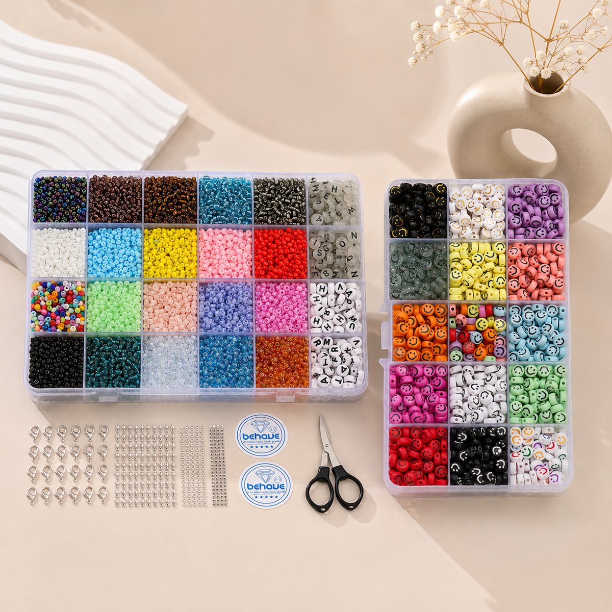 Behave Glaskralen & Smiley Set Deluxe — 11.512 Kralen — Glaskralen 3 mm + Smileys 7 mm + Rijgdraad — afbeelding 3