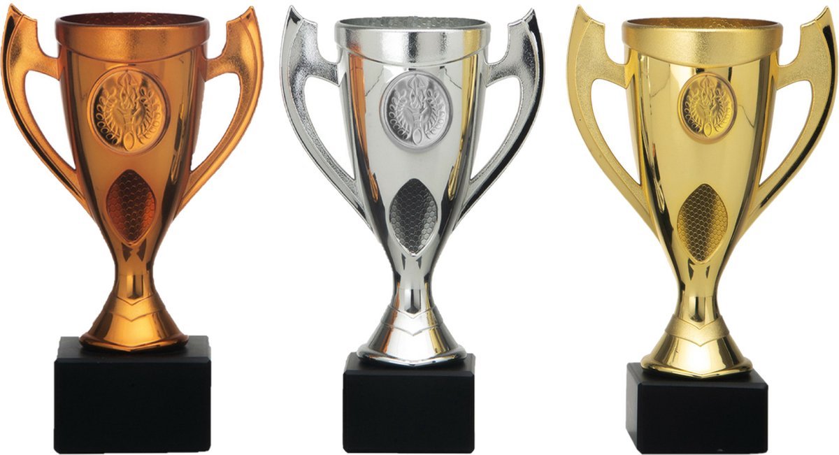 Sporttiek - Luxe Trofee/beker - brons/silver/gold - sportprijzen - Hoogtes 14-16-18 cm