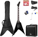 Set van een zwarte V-gitaar met accessoires: tas, versterker, kabel, plectrums, stemapparaat en snaren.