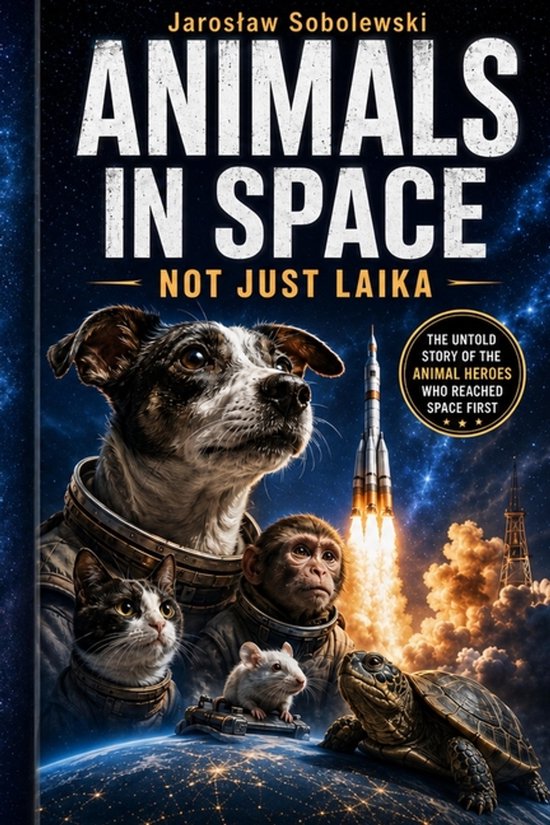 Boekomslag van 'Animals in Space' met hond, kat, aap, muis en schildpad in ruimtepakken, raket gelanceerd, met tekst 'Animals in Space'.