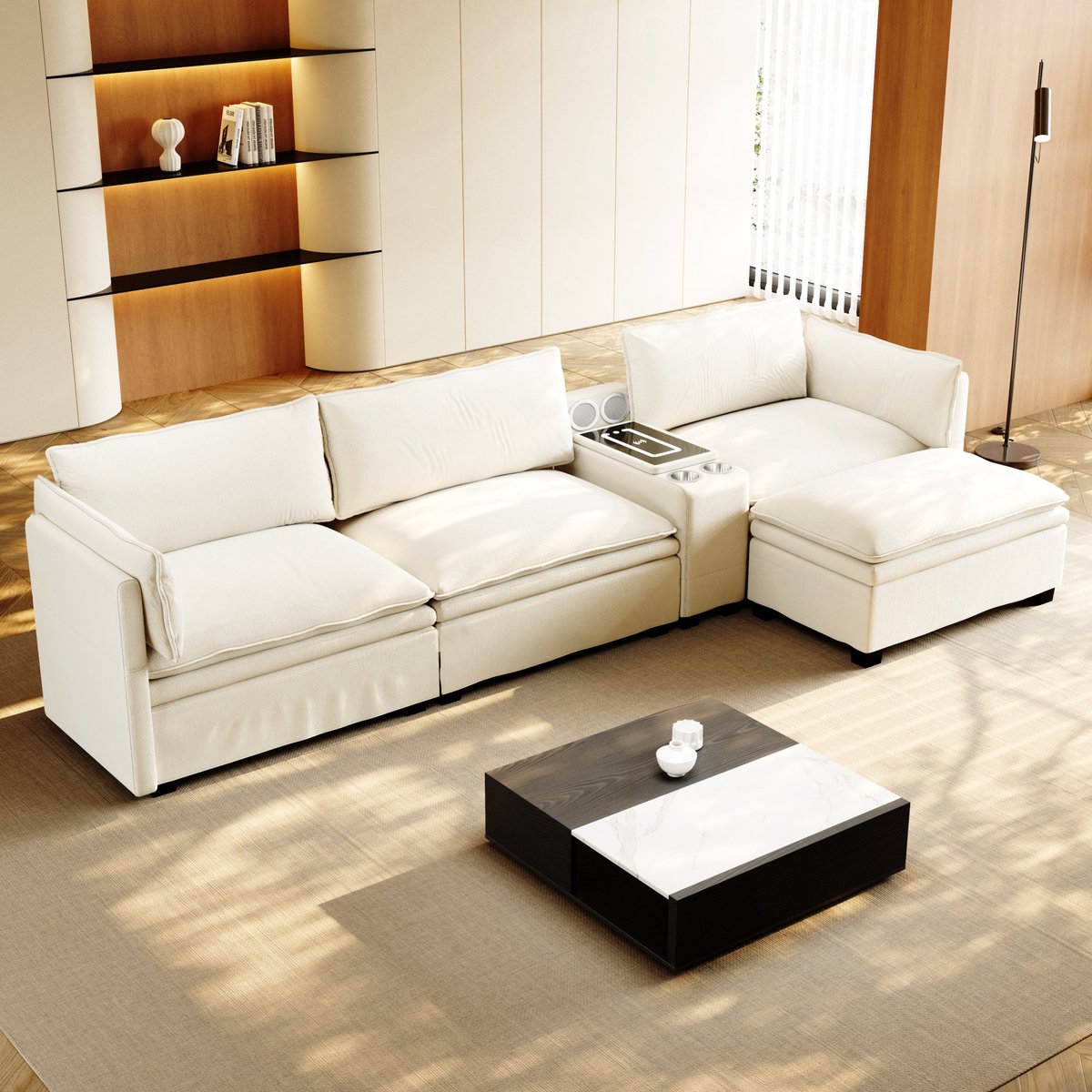 L-Vormige Hoekbank - Modulaire Cloud Sofa - 315 cm 4-Zits Bank - Wit Beige - Luxe Loungesofa
