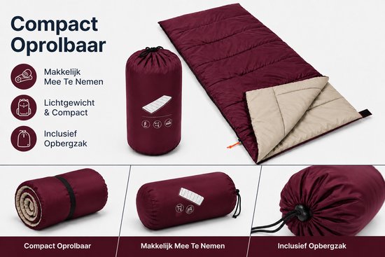 HEM Slaapzak Envelop 190x75 cm Bordeauxrood– Zomer Slaapzak - Inclusief Opbergzak - Camping - Festival - Logeren van HEM — afbeelding 3