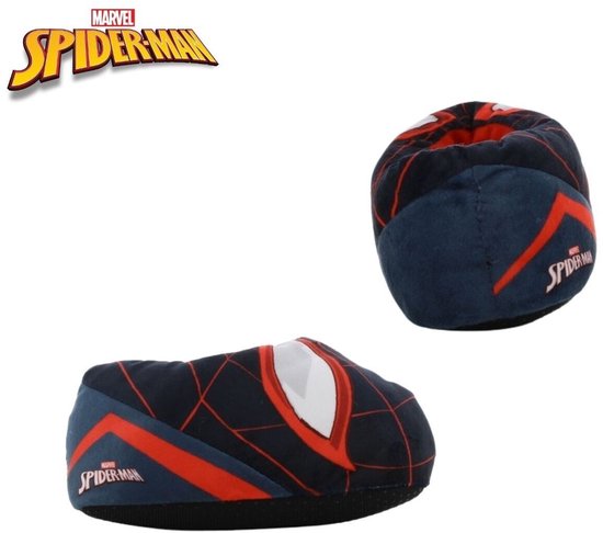 Donkerblauwe Spiderman pantoffel met rode voering en Spiderman logo.