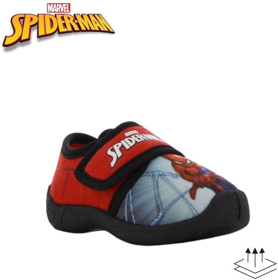 Linker Spiderman pantoffel met Spiderman print op de voorkant, rode zijkanten en klittenbandsluiting.
