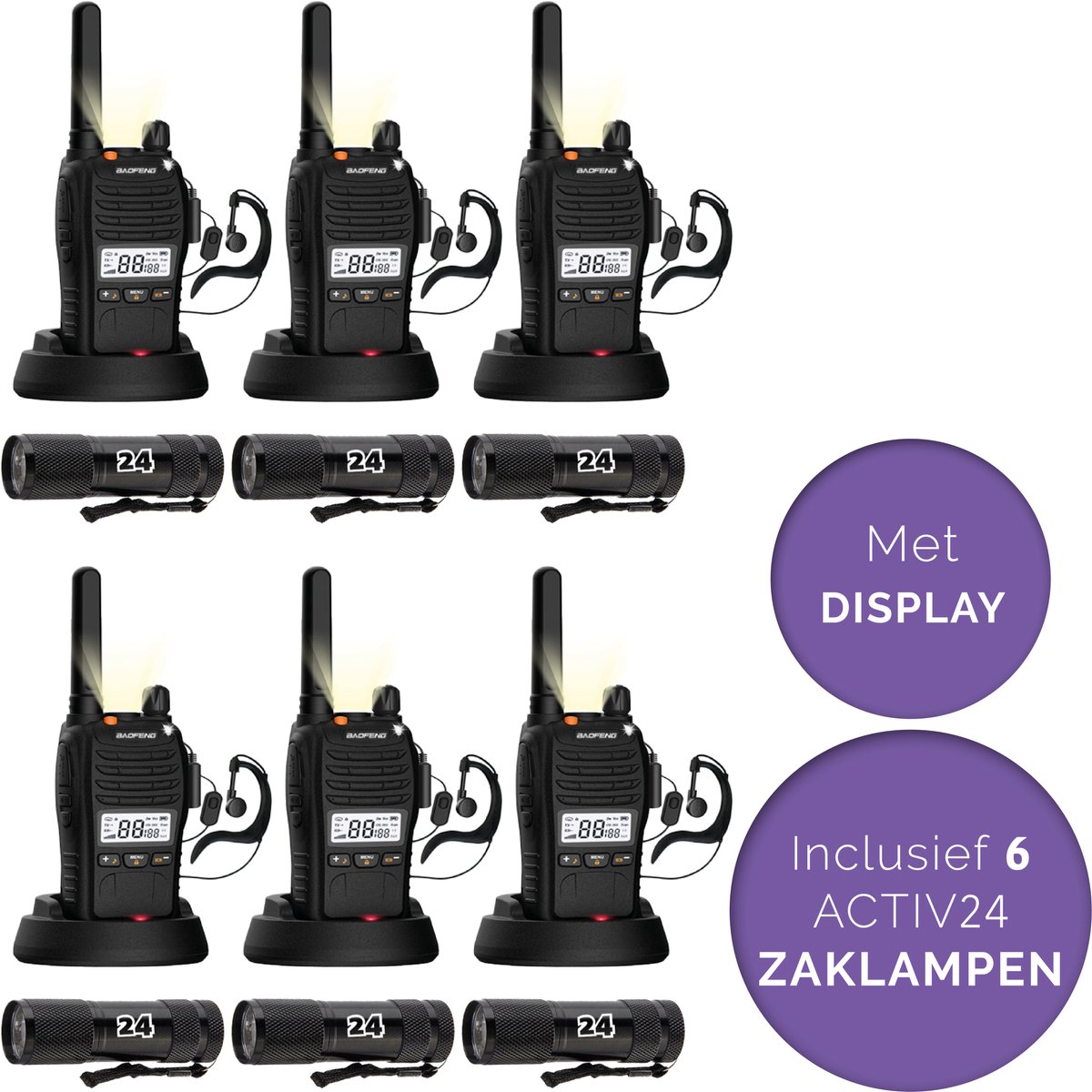 Activ24™ - Set van 6x Baofeng E88 PMR portofoons met display - Geen vergunning nodig - Met display, headsets en 6x Activ24™ zaklampen - Walkie Talkie - E88 portofoon