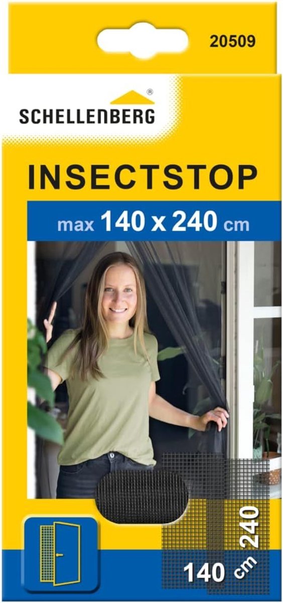 Schellenberg 20509 vliegenscherm voor deuren, vliegengordijn voor balkon- en terrasdeuren, afmetingen 140 x 240 cm, eenvoudige installatie zonder boren, incl. montagetape en gewichten.