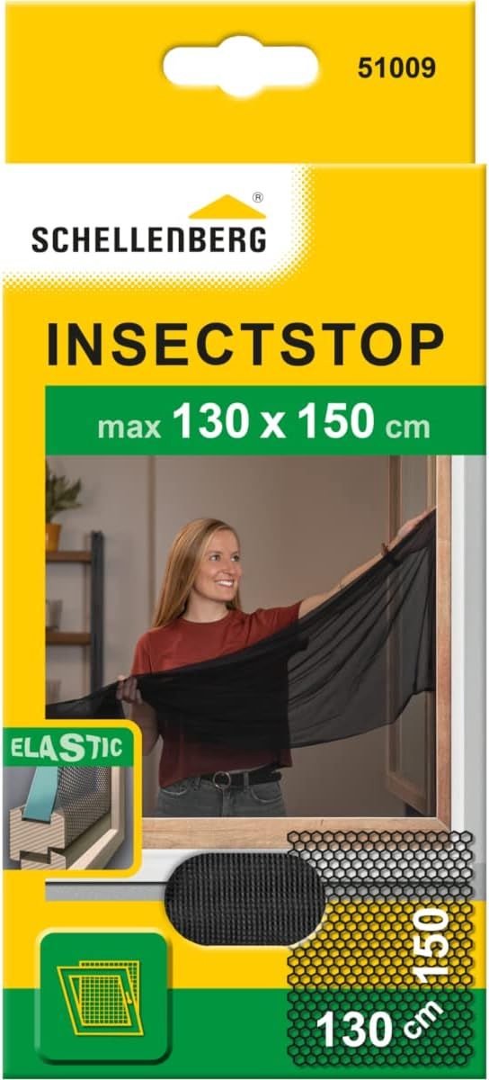 Schellenberg 51009 vliegenscherm voor ramen, elastisch, voor ramen met tochtstrip, montage zonder boren, incl. bevestigingstape, 130 x 150 cm, antraciet.