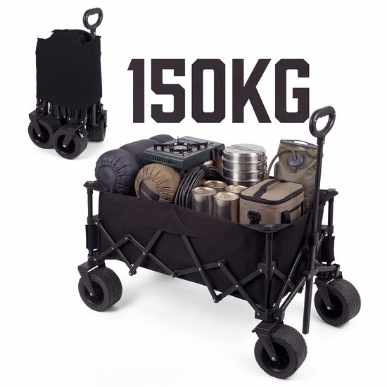 Bolderkar Opvouwbaar 135L - Extra Sterke Bolderwagen tot 150KG - Met Dubbele Rem & Telescopische Trekstang - Compact Inklapbare Strandkar met 360° Wielen - All-Terrain Trekkar voor Camping & Boodschappen - Bolderkarren Inclusief opbergtas - Zwart van Merkloos — afbeelding 5